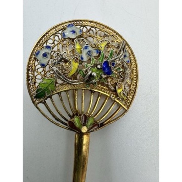 Vintage Sterling Silver Chinese Coral Enamel Filigree Dragon Pin Brooch - Picture 3 of 8